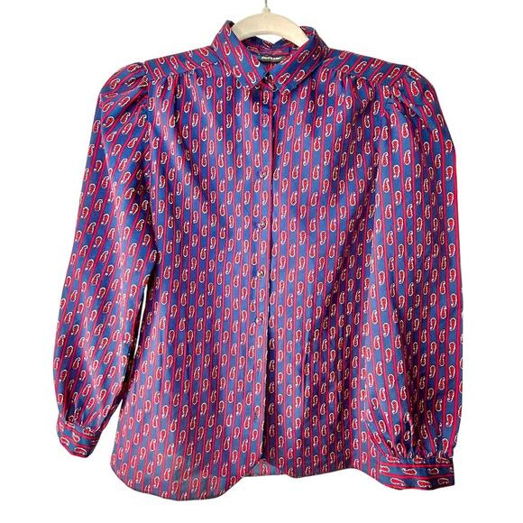 Vintage Paisley Blouse Puffy Sleeves Navy Red Silky Button Up Size Small - Picture 3 of 11
